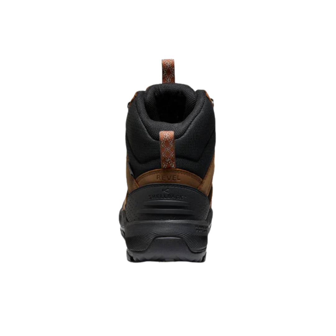 Back view of Men’s Revel IV Polar Waterproof Boot in dark earth and caramel – featuring a pull-on loop for easy entry, padded heel for added support, and reflective heel detail for low-light visibility.