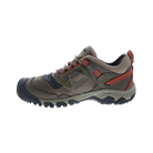 Side View of Men’s Keen RidgeFlex WP Hiking Shoe in timberwolf/ketchup – featuring a waterproof mesh and leather upper, secure lace-up system, padded collar for comfort, and a flexible cushioned midsole designed for trail support and durability.