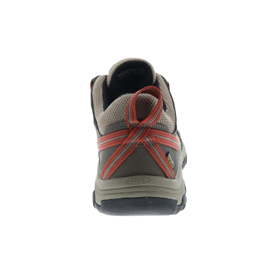 Back View of Men’s Keen RidgeFlex WP Hiking Shoe in timberwolf/ketchup – featuring a padded heel collar for added support, reinforced heel counter, and durable outsole for stability.
