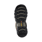 Bottom view of Men’s RidgeFlex Waterproof Hiking Shoe in timberwolf and ketchup – featuring a rugged rubber outsole with aggressive multi-directional lugs for traction, flex grooves for natural foot movement, and heel brake zone for control on descents.