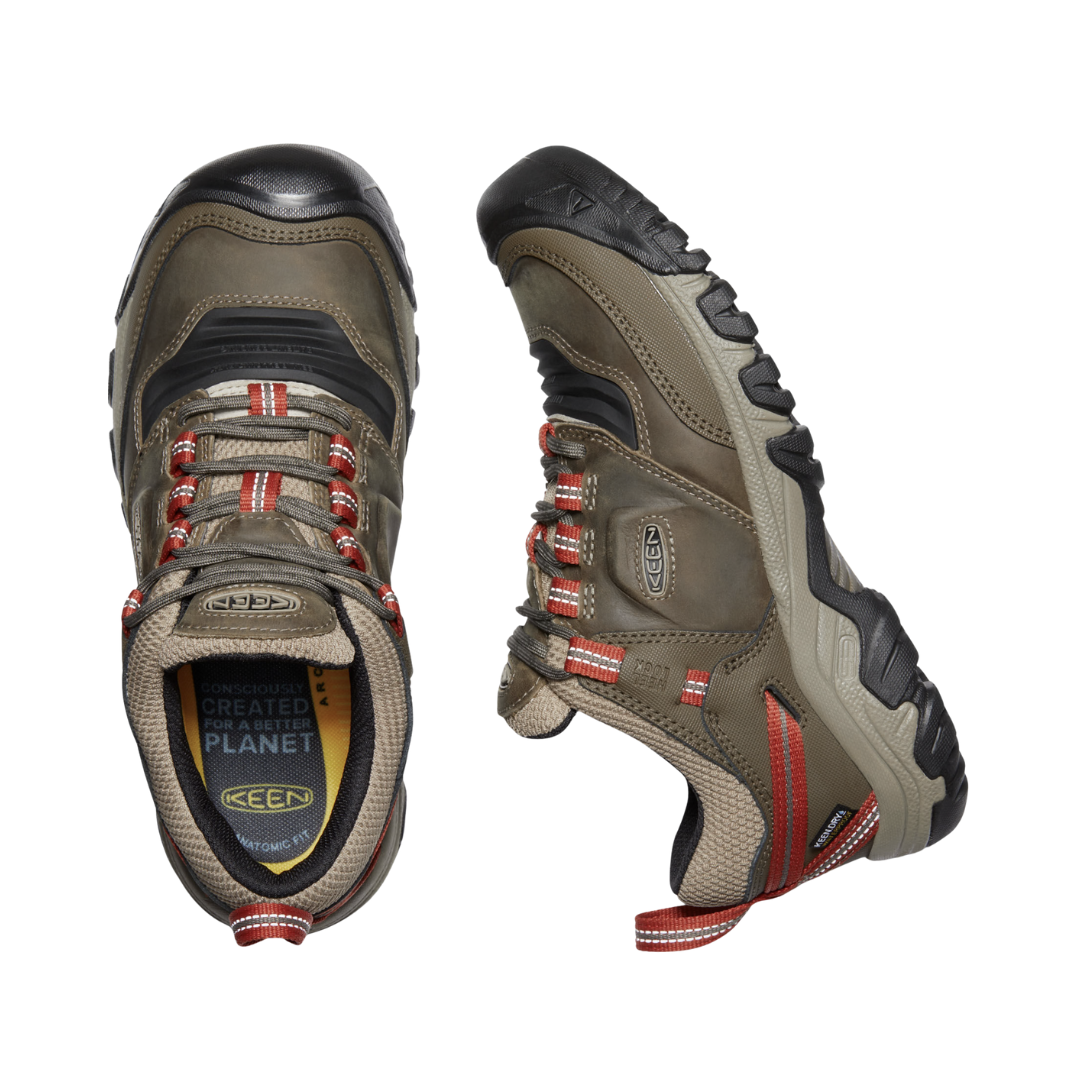 Top and Side View of Men’s Keen RidgeFlex WP Hiking Shoe in timberwolf/ketchup – featuring a waterproof mesh and leather upper, secure lace-up system, padded collar for comfort, and a flexible cushioned midsole designed for trail support and durability.