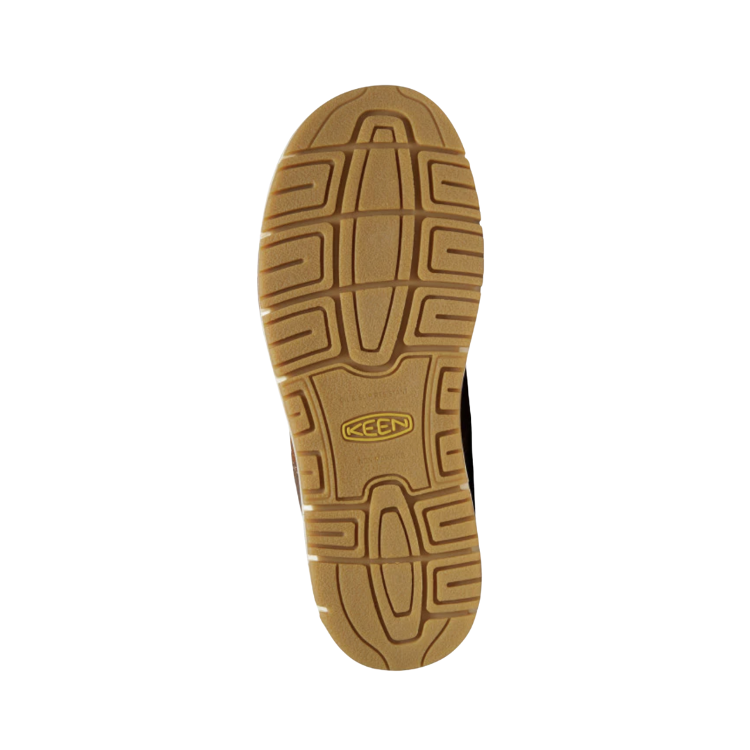 Bottom View of Men’s Keen San Jose 6 Inch Aluminum Toe Boot in gingerbread/gum – featuring a slip-resistant rubber outsole with deep traction lugs for superior grip on rugged surfaces.