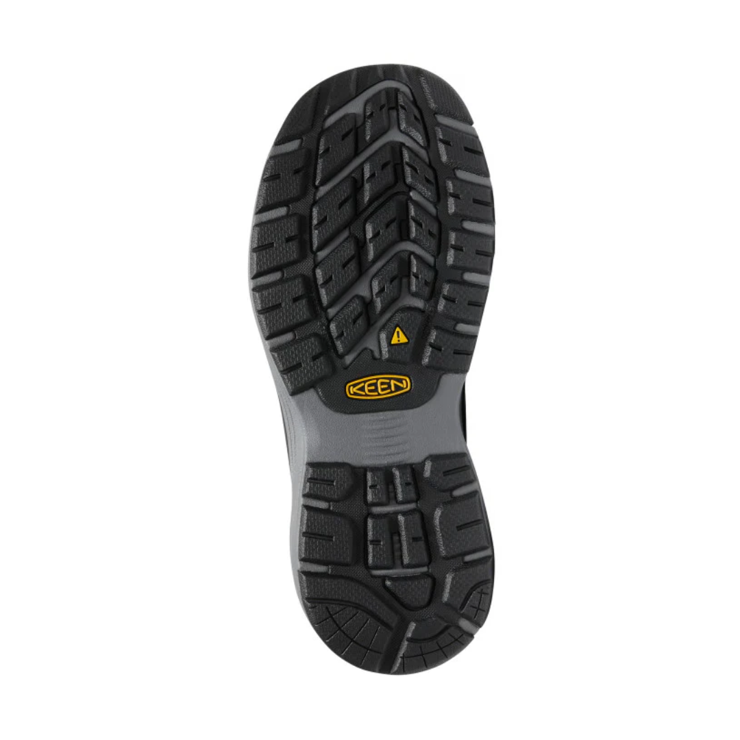 Bottom view of Women’s Sparta II ESD (Aluminum Toe) work shoe in steel grey and black – featuring an oil- and slip-resistant rubber outsole, multi-directional tread pattern for traction, and static-dissipative properties for workplace safety.