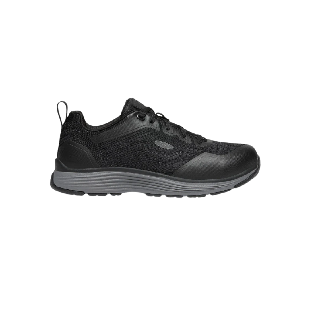 Side view of Women’s Sparta II ESD (Aluminum Toe) work shoe in steel grey and black – featuring a lightweight aluminum safety toe, electrostatic dissipative (ESD) protection, and mesh upper with synthetic overlays for breathable durability.