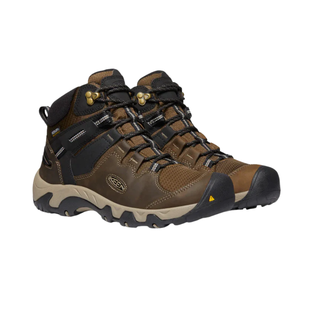 Side view of Men’s Steens Waterproof Mid Boot in canteen and black – featuring a waterproof leather upper for protection in wet conditions, mid-height collar for ankle support, and cushioned EVA midsole for all-day hiking comfort.
