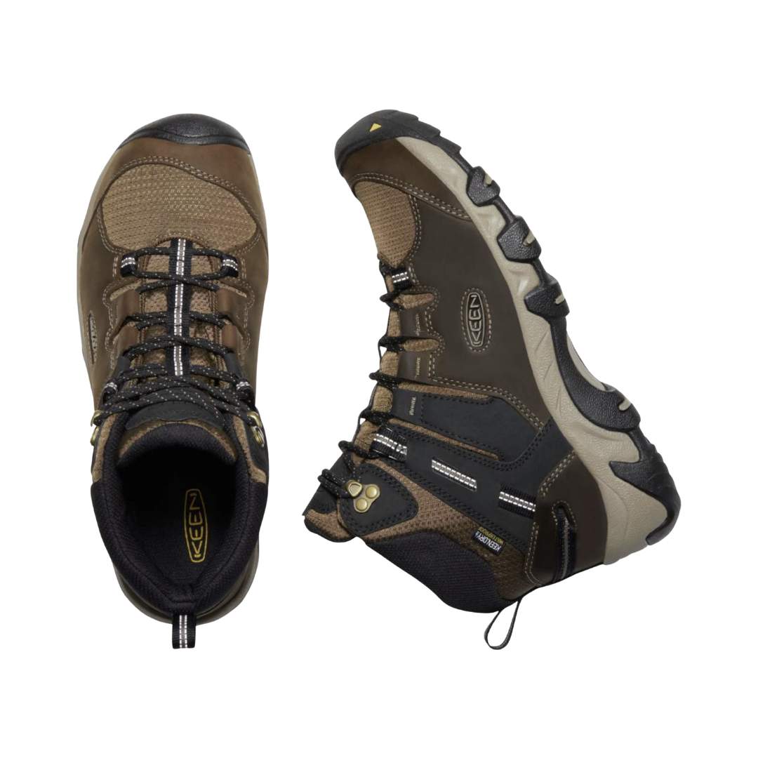 Top and Side View of Men’s Keen Steens Waterproof Mid Boot in canteen/black – featuring a waterproof leather and textile upper with secure lace-up closure, padded collar for comfort, and a durable rubber outsole with multi-directional lugs for superior traction on rugged terrain.