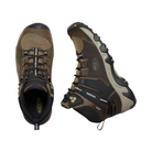 Top and Side View of Men’s Keen Steens Waterproof Mid Boot in canteen/black – featuring a waterproof leather and textile upper with secure lace-up closure, padded collar for comfort, and a durable rubber outsole with multi-directional lugs for superior traction on rugged terrain.