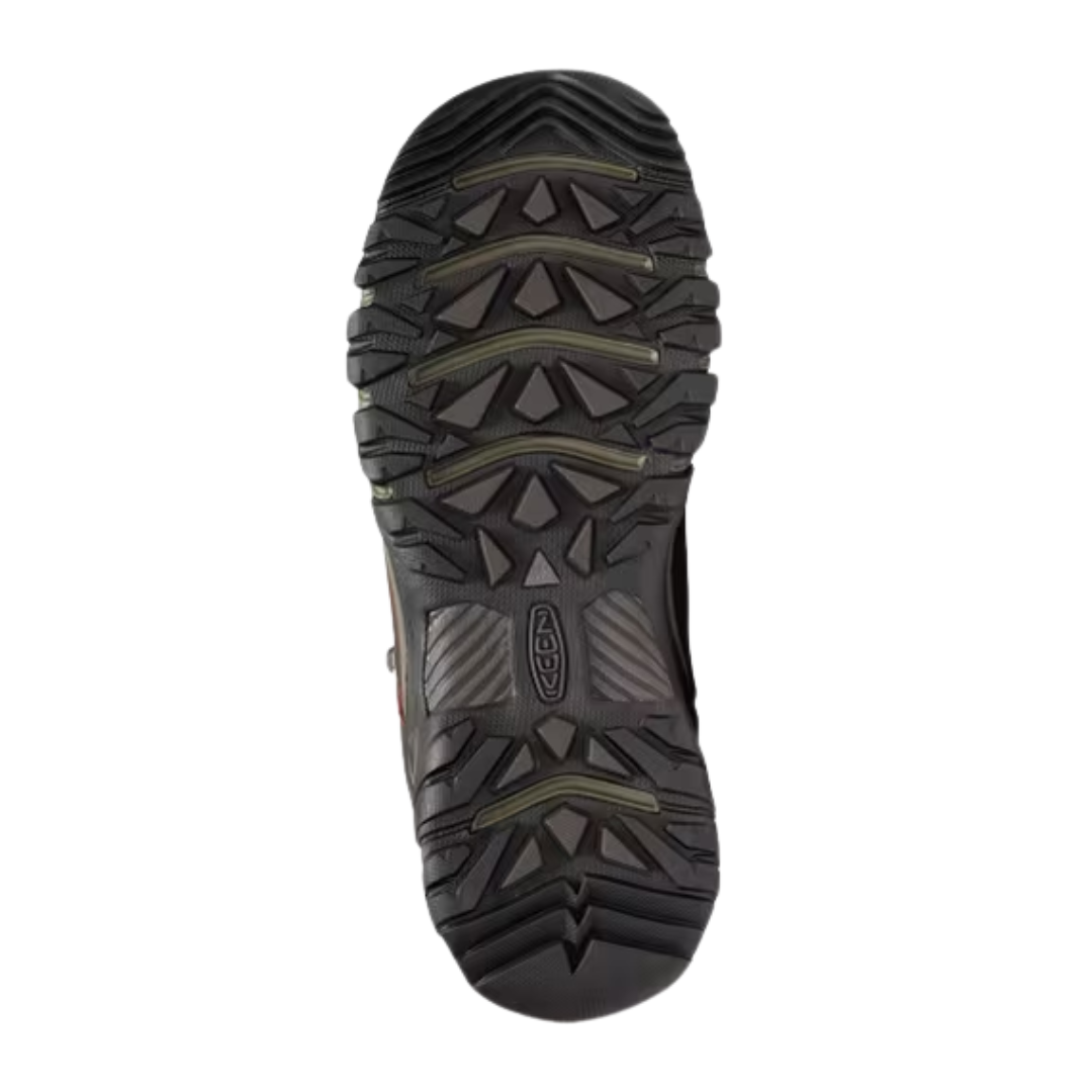 Bottom view of Men’s Targhee High Boot in cocoa and mulch – featuring a rugged rubber outsole with multi-directional lugs for dependable traction on rough terrain, flex grooves for natural foot movement, and non-marking sole for versatile use.