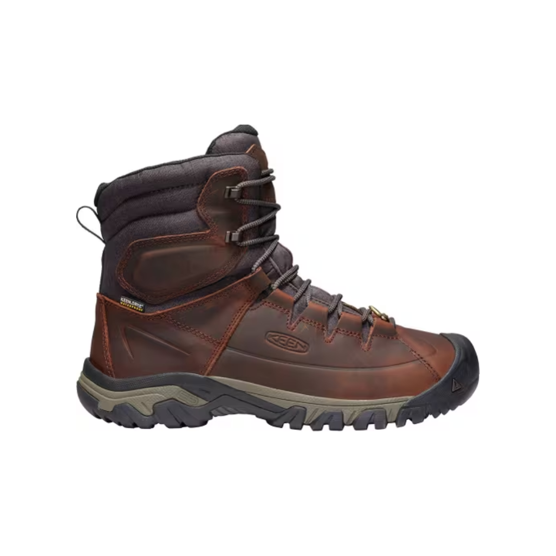 Side view of Men’s Targhee High Boot in cocoa and mulch – featuring a waterproof nubuck leather upper with breathable mesh panels, high-cut design for enhanced ankle support, and cushioned midsole for all-day hiking comfort.