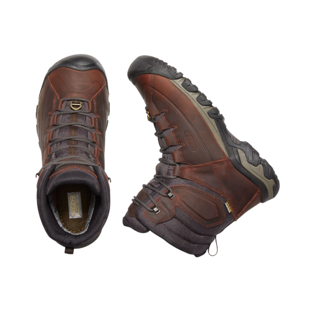 Top and side view of Men’s Targhee High Boot in cocoa and mulch – featuring a waterproof nubuck leather upper with breathable mesh panels, high-cut design for enhanced ankle support, and cushioned midsole for all-day hiking comfort.