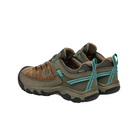 Back view of Women’s Targhee III Low hiking shoe in toasted coconut and porcelain – featuring a molded heel counter for rearfoot stability, pull tab for easy on and off, and reflective accents for low-light visibility.