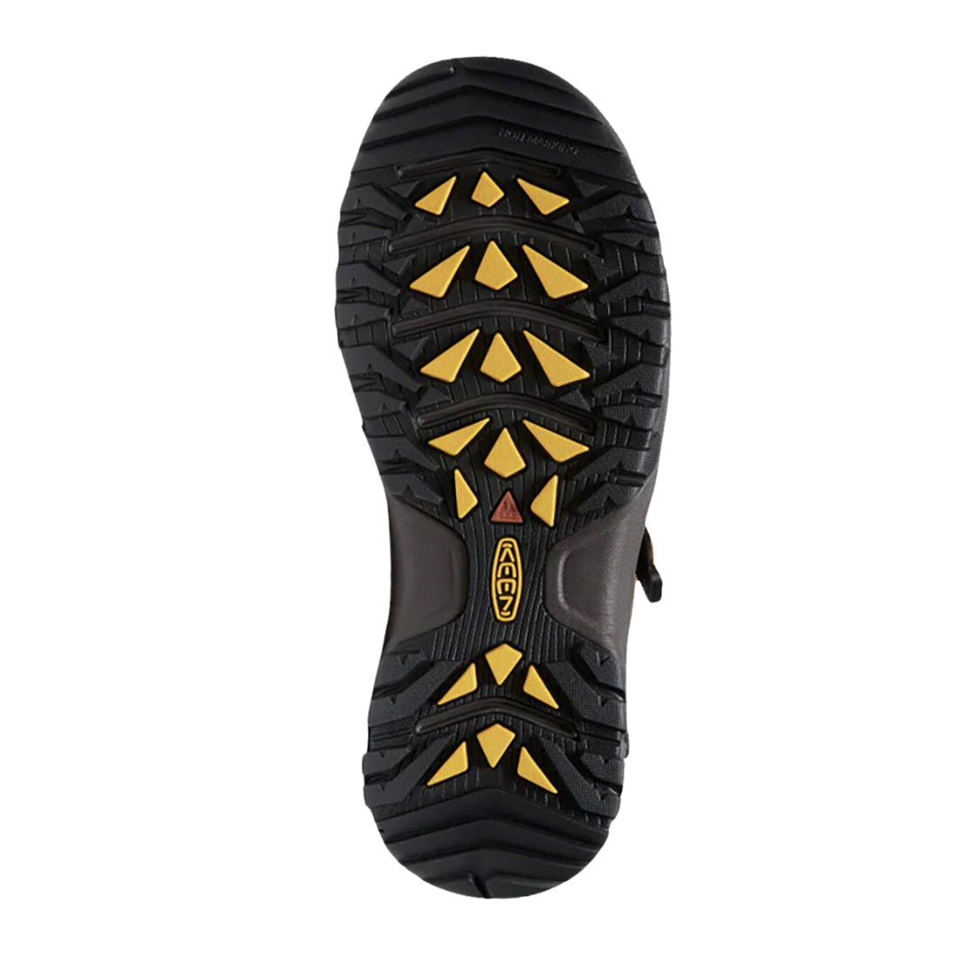 Bottom view of Men’s Targhee III Open Toe Sandal in bison and mulch – featuring a rugged rubber outsole with multi-directional lugs for reliable traction on varied terrain, and flex grooves for natural foot movement.