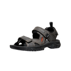 Angled view of Men’s Targhee III Open Toe Sandal in grey and black – featuring a robust outdoor silhouette, reinforced toe bumper for protection, and quick-adjust closures for easy on and off.
