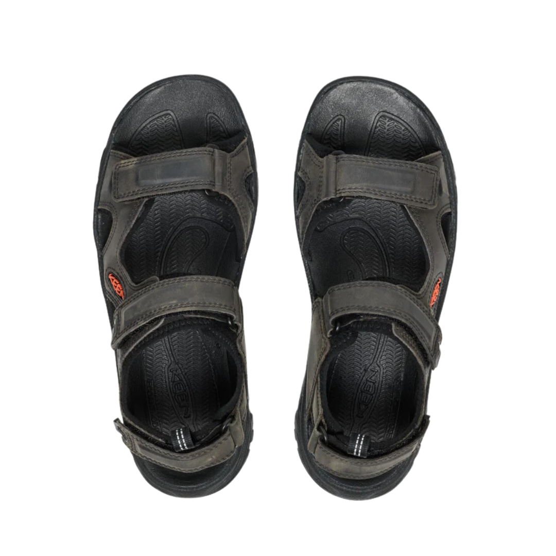 Top view of Men’s Targhee III Open Toe Sandal in grey and black – featuring padded straps with breathable lining, open toe design for ventilation, and contoured footbed with arch support.
