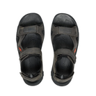 Top view of Men’s Targhee III Open Toe Sandal in grey and black – featuring padded straps with breathable lining, open toe design for ventilation, and contoured footbed with arch support.