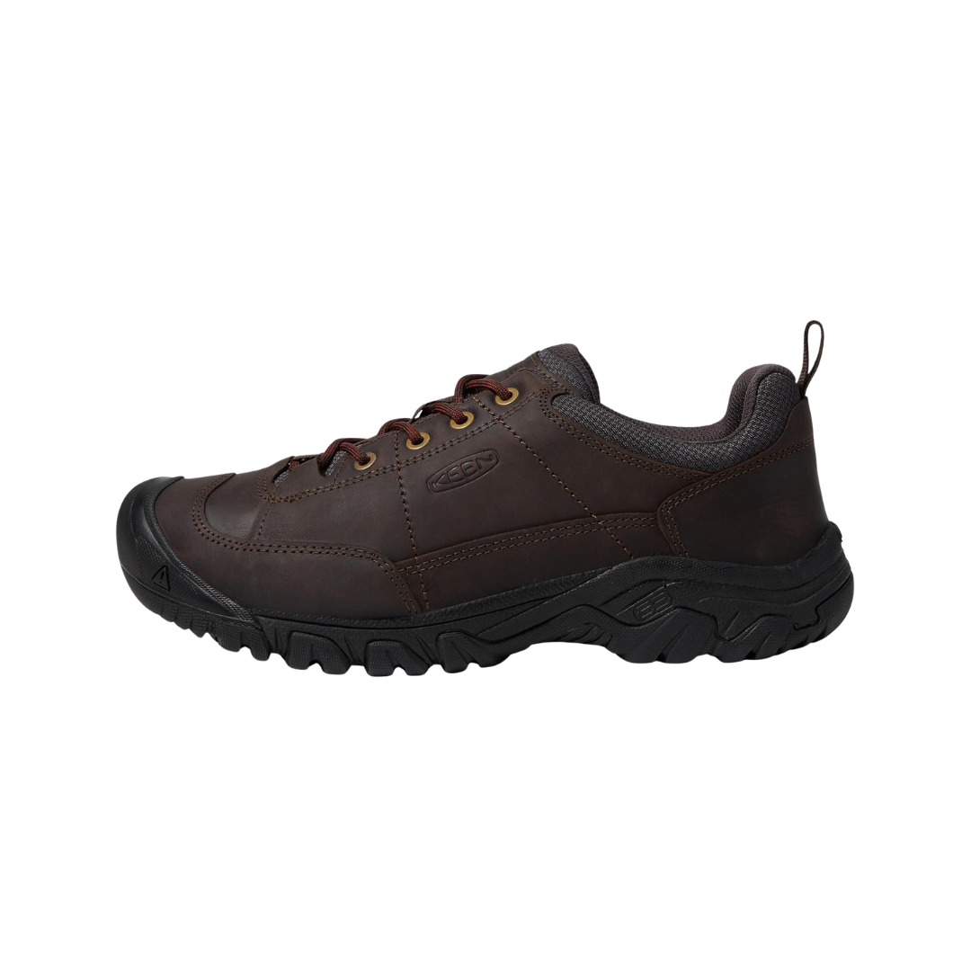 Side view of Men’s Targhee III Oxford in earth and mulch – featuring a waterproof nubuck leather upper, breathable mesh panels for ventilation, and cushioned EVA midsole for all-day comfort on trails.
