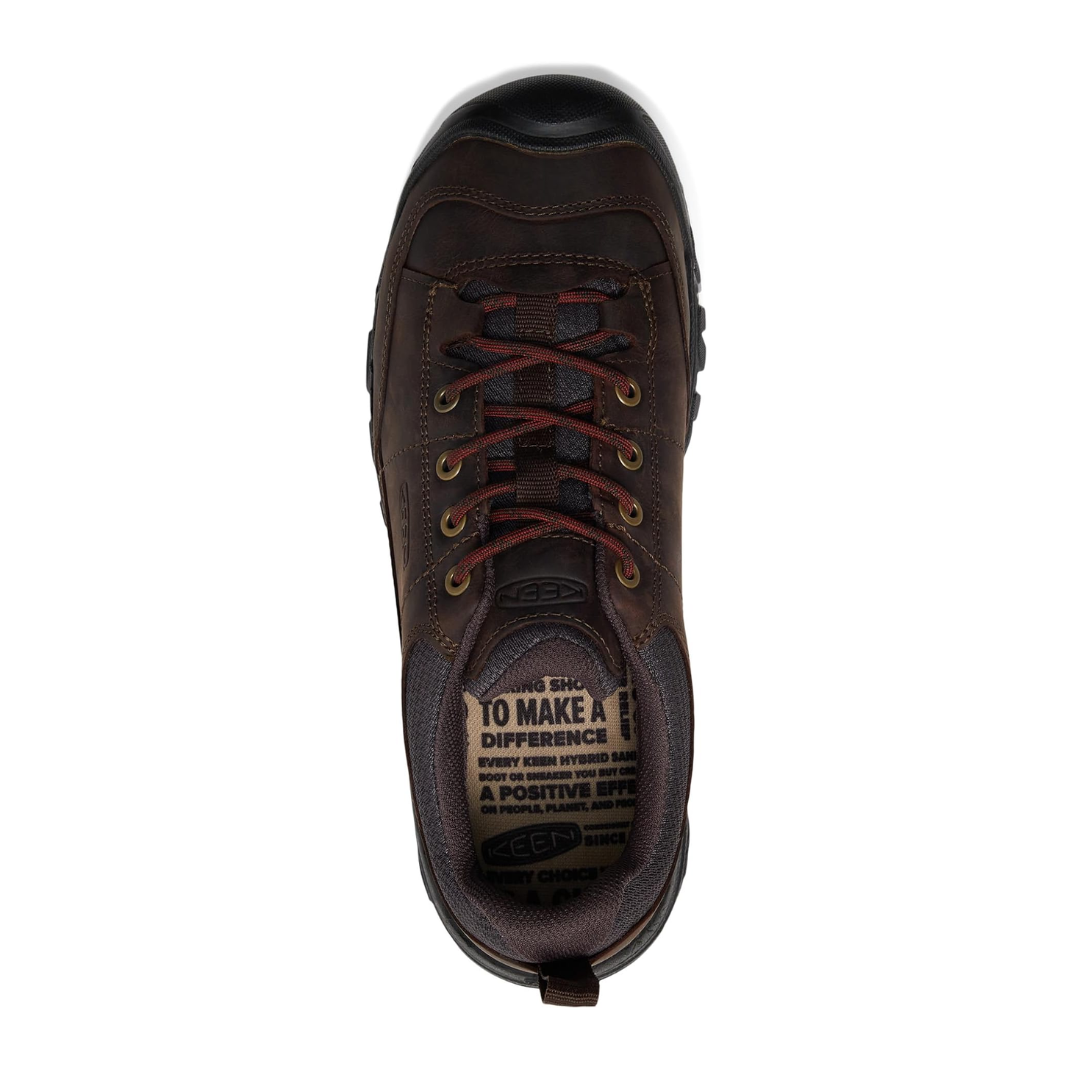 Top view of Men’s Targhee III Oxford in earth and mulch – featuring padded collar and tongue for comfort, moisture-wicking lining for dry feet, and secure lace-up closure for locked-in fit.