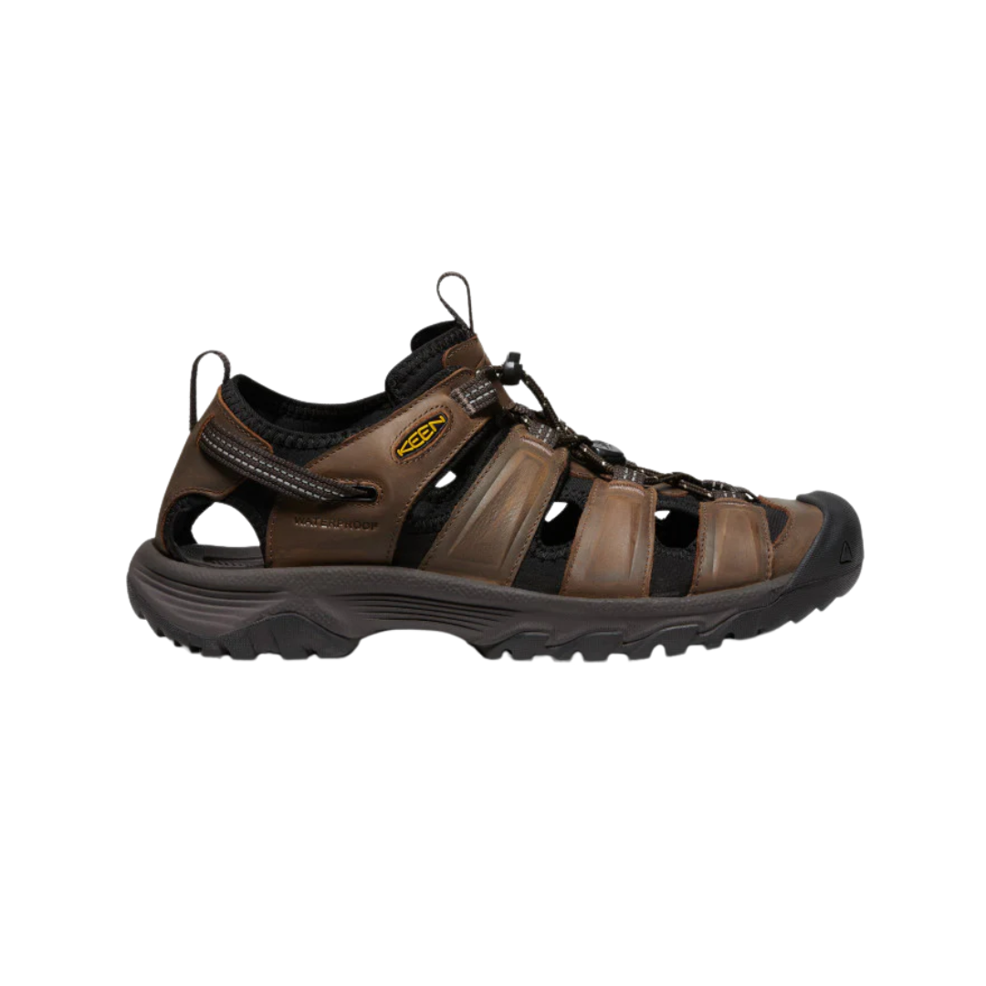 Side view of Men’s Targhee III Sandal in bison and mulch – featuring a durable waterproof nubuck leather upper, adjustable hook-and-loop straps for a secure fit, and cushioned EVA midsole for all-day comfort.