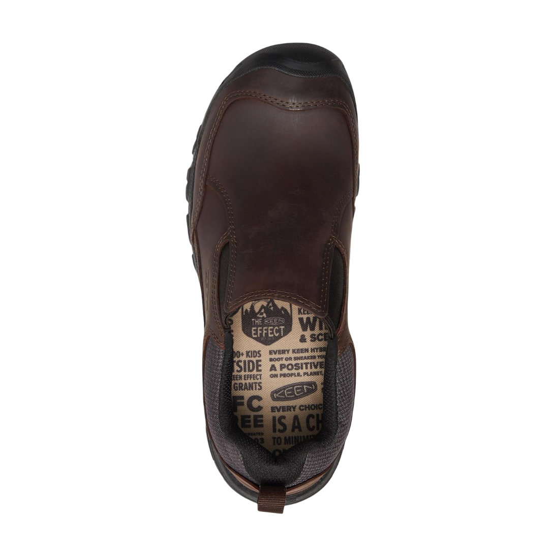 Top view of Men’s Targhee III Slip-On in dark earth – featuring padded collar and tongue for comfort, moisture-wicking lining for dry wear, and elastic gore panels for a secure fit without laces.