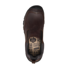 Top view of Men’s Targhee III Slip-On in dark earth – featuring padded collar and tongue for comfort, moisture-wicking lining for dry wear, and elastic gore panels for a secure fit without laces.