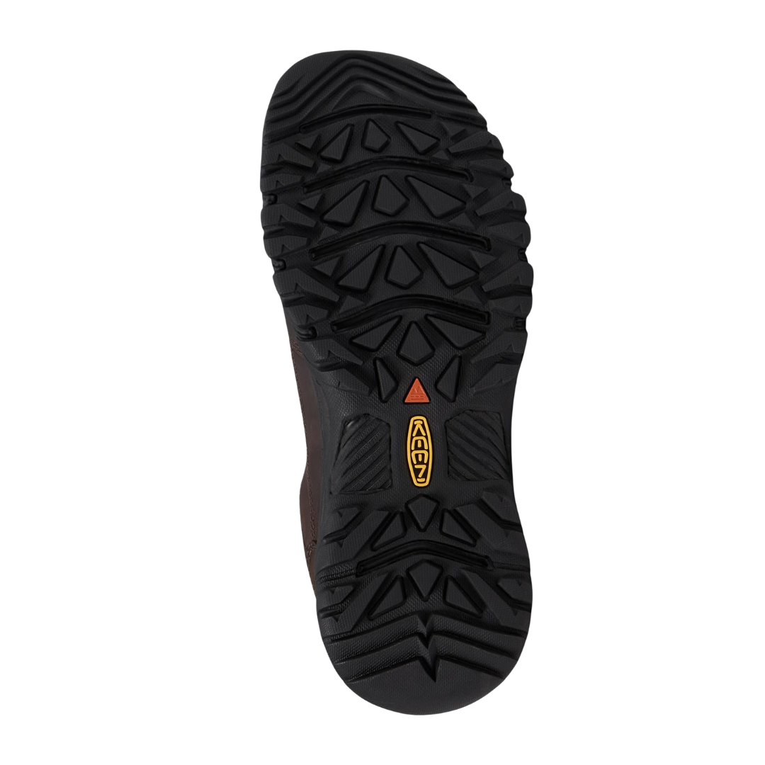 Bottom view of Men’s Targhee III Slip-On in dark earth – featuring a rugged rubber outsole with multi-directional lugs for excellent traction on varied terrain, flexible sole for natural movement, and non-marking design for versatile use.