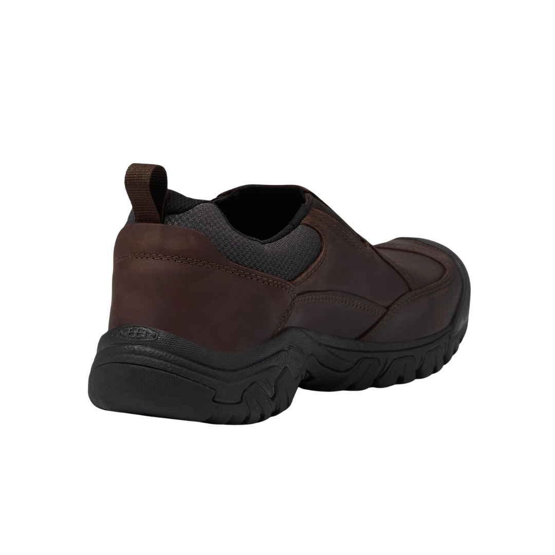 Back view of Men’s Targhee III Slip-On in dark earth – featuring a pull tab for easy entry, molded heel counter for stability, and rugged outsole for trail performance.
