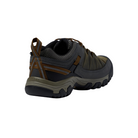 Back view of Men’s Targhee III Waterproof hiking boot in black olive and golden brown – featuring a molded heel counter for rearfoot stability, pull tab for easy on and off, and reflective accents for low-light visibility.