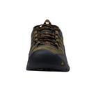 Front view of Men’s Targhee III Waterproof hiking boot in black olive and golden brown – featuring a reinforced toe cap for trail protection, ventilated forefoot mesh for breathability, and structured lacing system for even pressure.