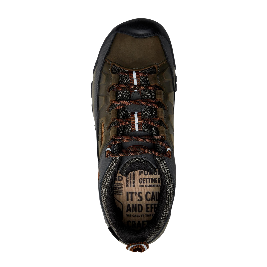 Top view of Men’s Targhee III Waterproof hiking boot in black olive and golden brown – featuring padded collar and tongue for ankle support, moisture-wicking lining for dry feet, and secure lace-up closure for a locked-in fit.