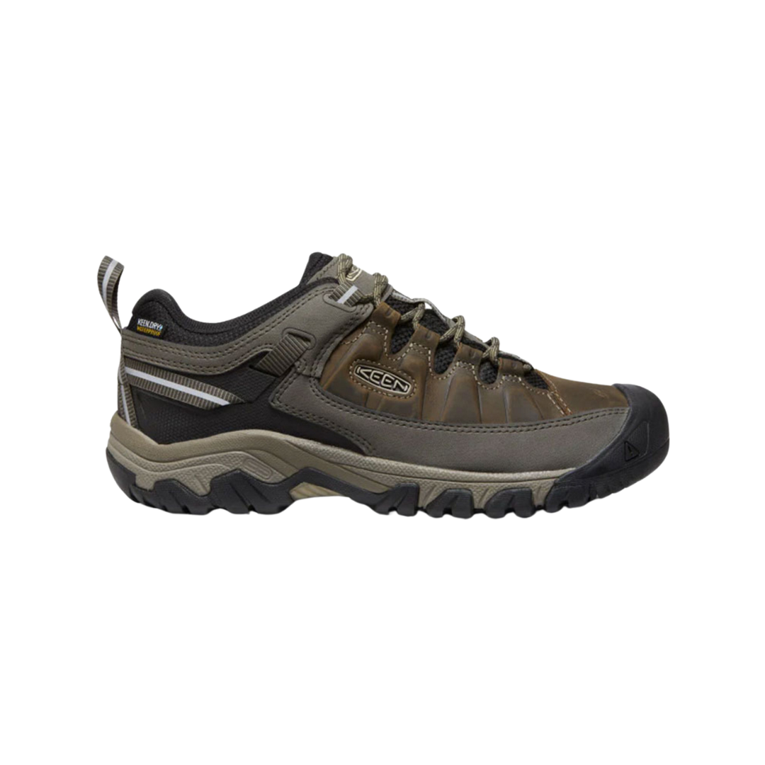 Side view of Men’s Targhee III Waterproof hiking boot in bungee and black – featuring a waterproof nubuck leather upper with breathable mesh panels, cushioned midsole for long-lasting comfort, and reinforced toe and heel overlays for durability.