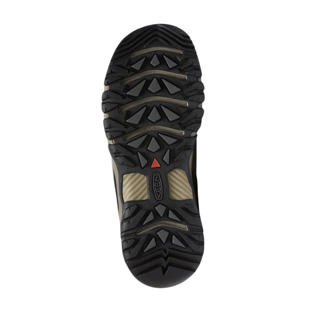 Bottom view of Men’s Targhee III Waterproof hiking boot in bungee and black – featuring a rugged rubber outsole with multi-directional lugs for reliable traction on varied terrain, flex grooves for natural foot movement, and non-marking design for versatile use.