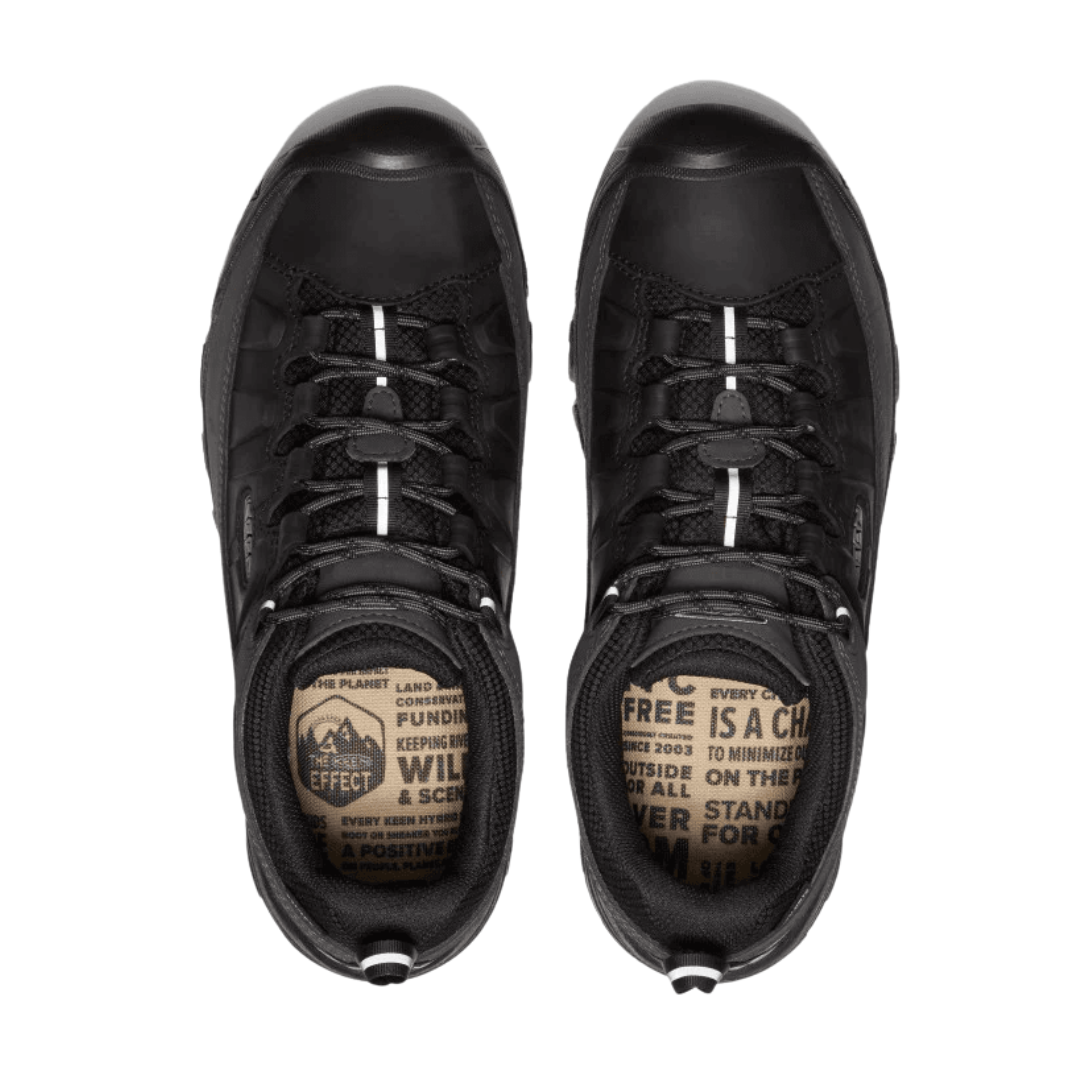 Top view of Men’s Targhee III Waterproof hiking boot in triple black – featuring padded collar and tongue for ankle support, moisture-wicking lining for dry feet, and secure lace-up closure for locked-in fit.