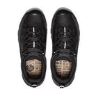Top view of Men’s Targhee III Waterproof hiking boot in triple black – featuring padded collar and tongue for ankle support, moisture-wicking lining for dry feet, and secure lace-up closure for locked-in fit.