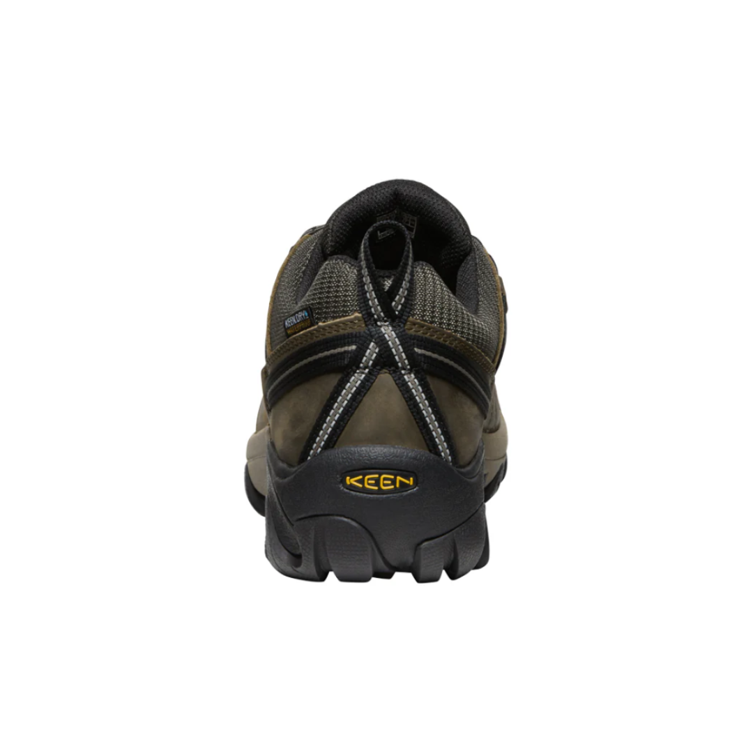 Back View of Men’s Keen Targhee II Waterproof hiking shoe in dark olive/taupe – featuring a padded heel collar for added support, reinforced heel counter for durability, and pull tab for easy on and off.