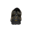 Back View of Men’s Keen Targhee II Waterproof hiking shoe in dark olive/taupe – featuring a padded heel collar for added support, reinforced heel counter for durability, and pull tab for easy on and off.