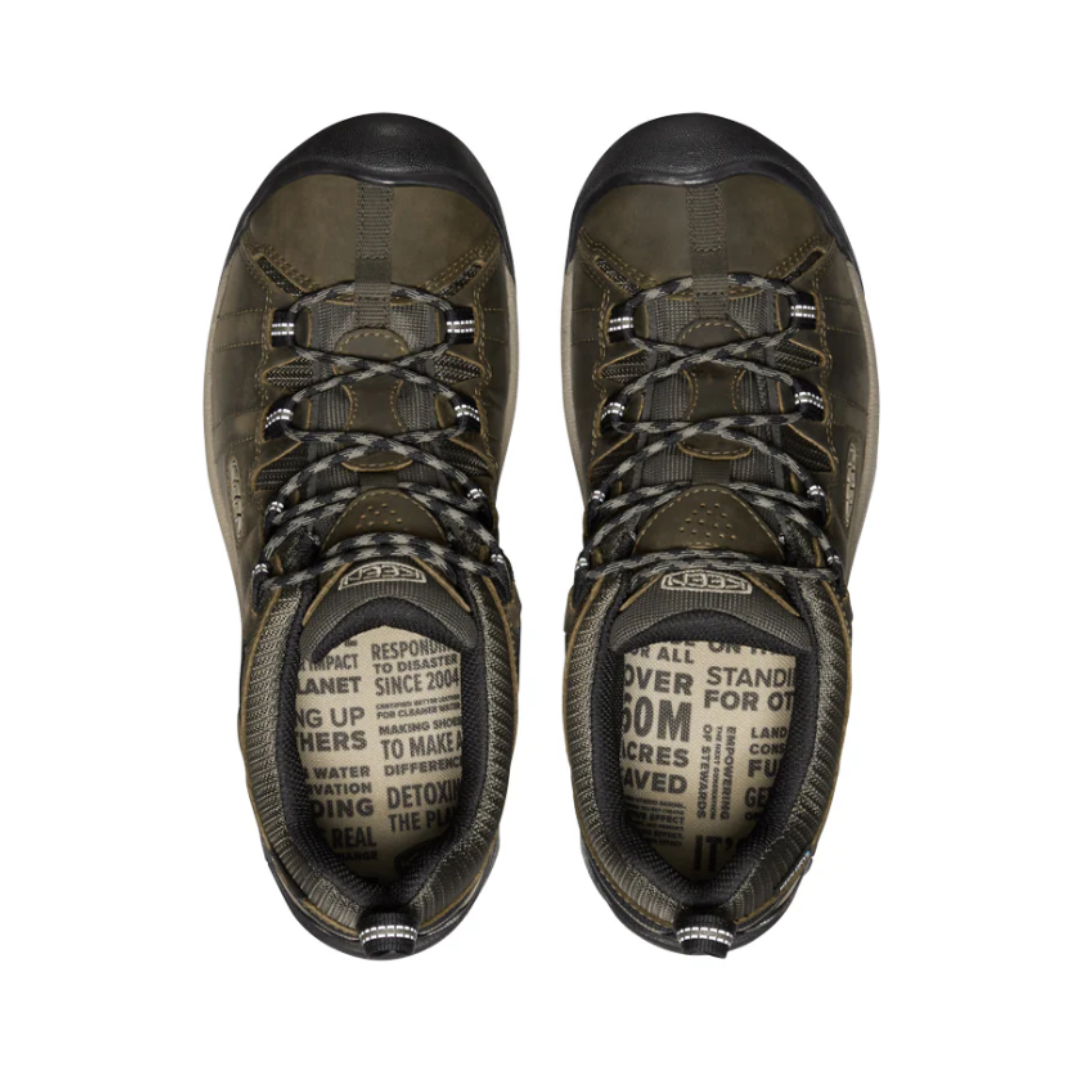 Top View of Men’s Keen Targhee IV Waterproof hiking shoe in olive/gold flame – featuring a breathable waterproof upper, secure lace-up closure, and padded collar for ankle support.