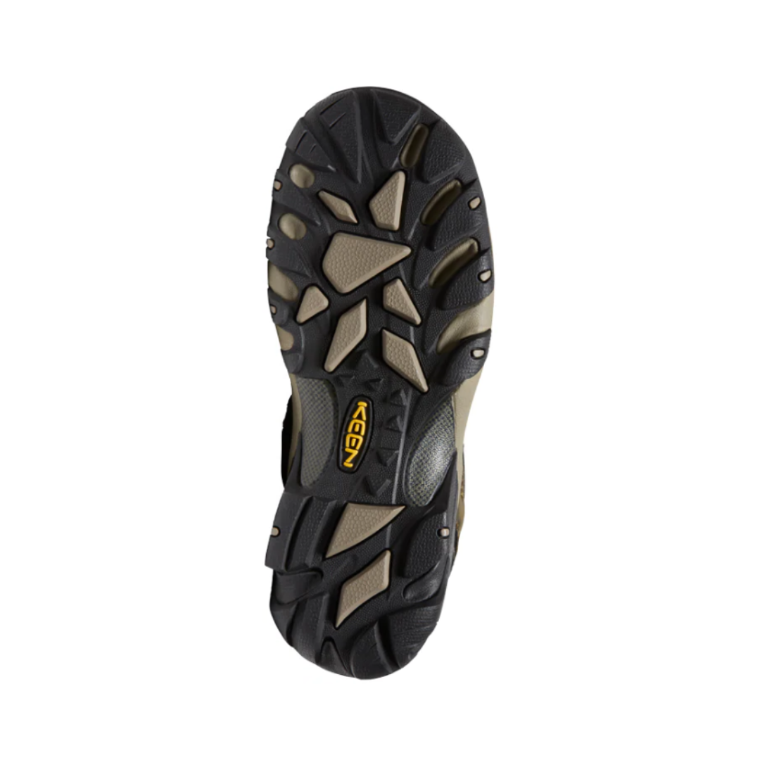 Bottom View of Men’s Keen Targhee II Waterproof hiking shoe in dark olive/taupe – featuring a durable rubber outsole with multi-directional lugs for superior traction, slip-resistant design, and flexible sole for natural movement on trails.