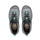 Top view of Women’s Targhee IV Mid WP hiking boot in alloy and granite green – featuring a padded collar and tongue for ankle support, moisture-wicking lining for dry comfort, and secure lace-up closure with reinforced eyelets for locked-in fit.