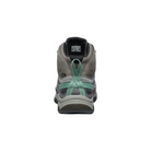 Back view of Women’s Targhee IV Mid WP hiking boot in alloy and granite green – featuring a molded heel counter for rearfoot stability, pull tab for easy on and off, and reflective accents for enhanced low-light visibility.