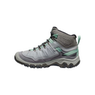 Side view of Women’s Targhee IV Mid WP hiking boot in alloy and granite green – featuring a waterproof nubuck leather upper with breathable mesh panels, cushioned midsole for all-day comfort, and reinforced toe and heel overlays for durability.
