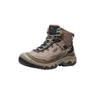 Side view of Women’s Targhee IV Mid WP hiking boot in brindle and nostalgia rose – featuring a waterproof nubuck leather upper with breathable mesh panels, cushioned midsole for all-day comfort, and reinforced toe and heel overlays for durability.
