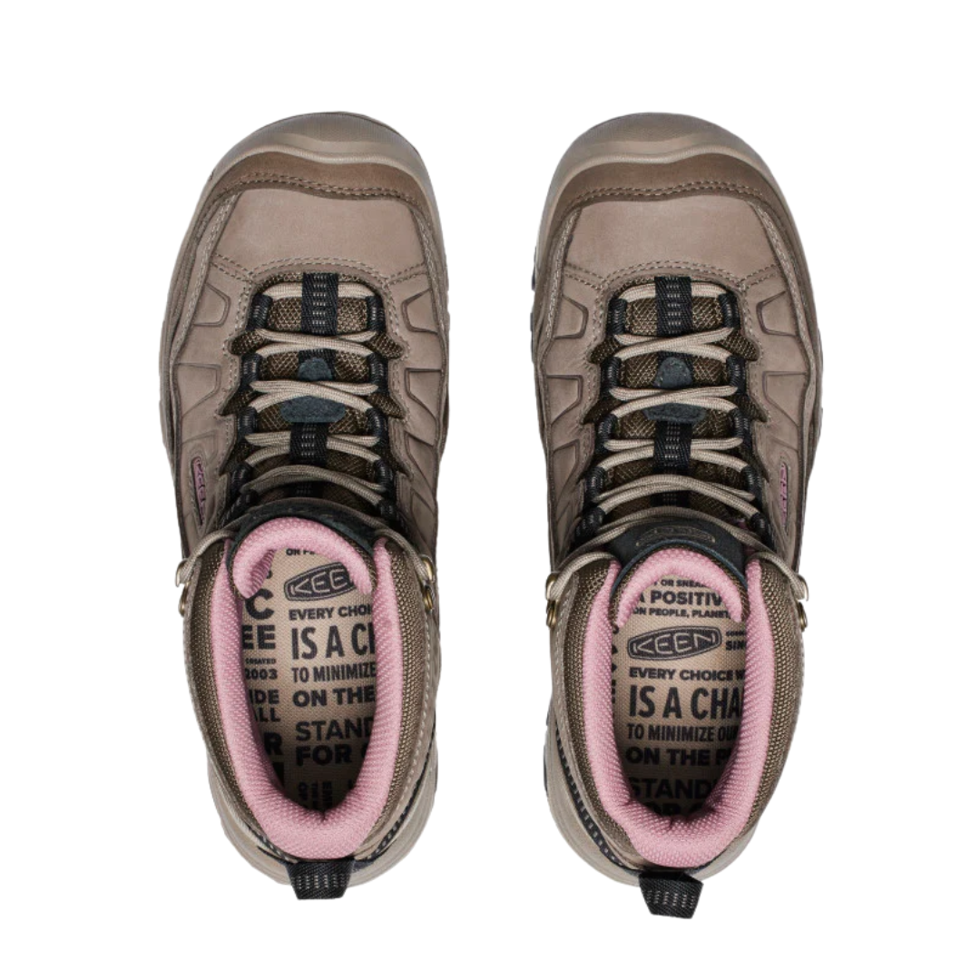 Top view of Women’s Targhee IV Mid WP hiking boot in brindle and nostalgia rose – featuring a padded collar and tongue for ankle support, moisture-wicking lining to keep feet dry, and secure lace-up closure with reinforced eyelets for a locked-in fit.
