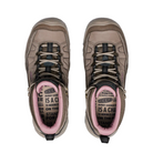 Top view of Women’s Targhee IV Mid WP hiking boot in brindle and nostalgia rose – featuring a padded collar and tongue for ankle support, moisture-wicking lining to keep feet dry, and secure lace-up closure with reinforced eyelets for a locked-in fit.