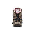 Back view of Women’s Targhee IV Mid WP hiking boot in brindle and nostalgia rose – featuring a molded heel counter for rearfoot stability, pull tab for easy on and off, and reflective accents for enhanced low-light visibility.