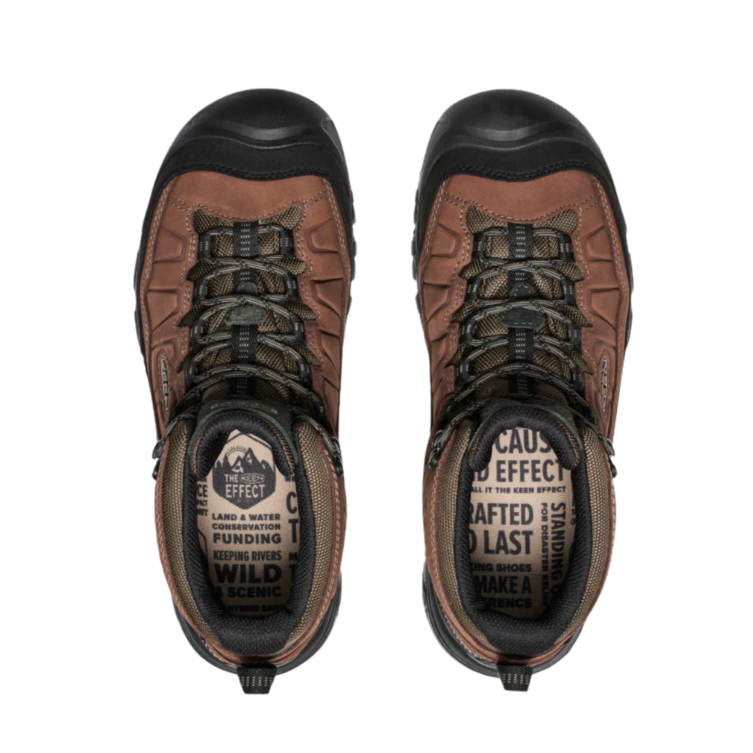 Top view of Men’s Targhee IV Mid Waterproof Boot in bison and black – featuring padded collar and tongue for ankle support, moisture-wicking lining for dry comfort, and secure lace-up closure with reinforced eyelets for locked-in fit.