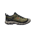 Side view of Men’s Targhee IV Waterproof hiking boot in dark olive and gold flame – featuring a waterproof nubuck leather upper with breathable mesh panels, cushioned midsole for all-day comfort, and reinforced toe and heel overlays for rugged durability..