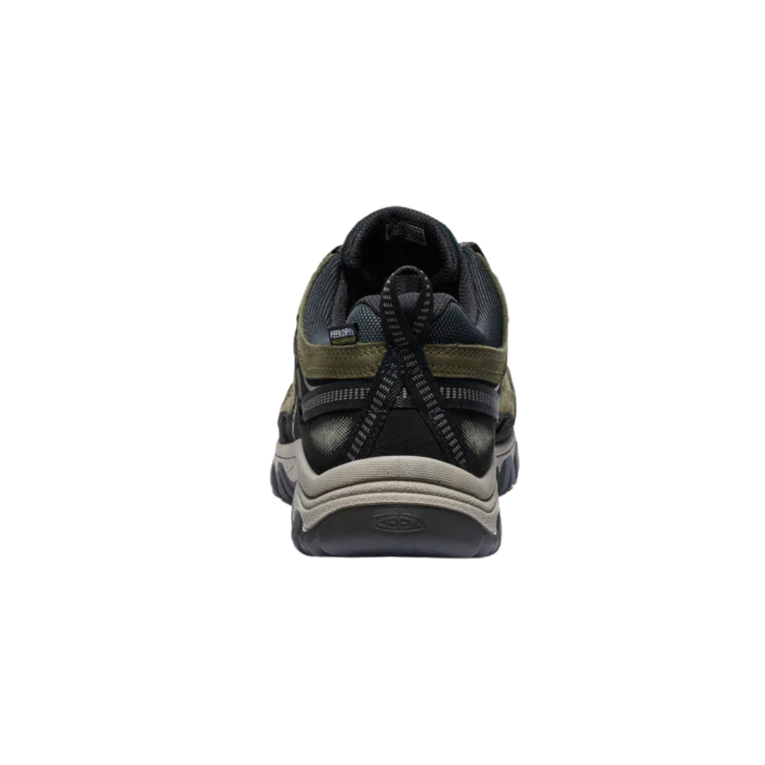 Back view of Men’s Targhee IV Waterproof hiking boot in dark olive and gold flame – featuring a molded heel counter for rearfoot stability, pull tab for easy on/off, and reflective accents for enhanced visibility in low-light conditions.