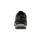 Back view of Men’s Targhee IV Waterproof hiking boot in dark olive and gold flame – featuring a molded heel counter for rearfoot stability, pull tab for easy on/off, and reflective accents for enhanced visibility in low-light conditions.