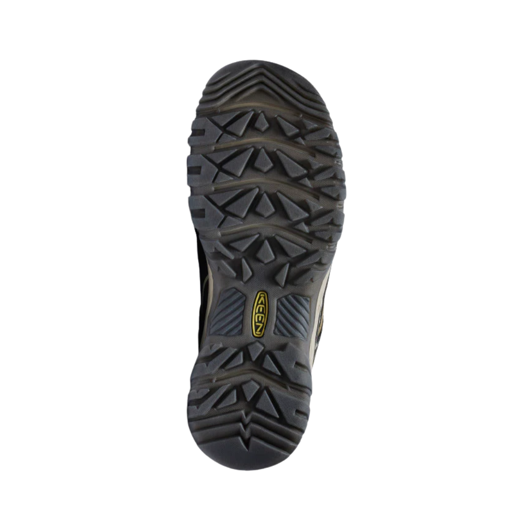 Bottom View of Men’s Keen Targhee IV Waterproof hiking shoe in olive/gold flame – featuring a breathable waterproof upper, secure lace-up closure, and padded collar for ankle support.