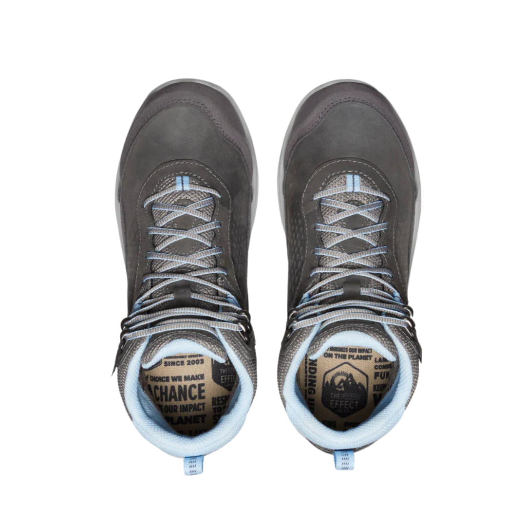 Top view of Women’s Terradora Explorer Waterproof Boot in steel grey and clear sky – featuring a padded collar and tongue for ankle support, moisture-wicking lining to maintain dry, healthy skin, and secure lace-up closure with reinforced eyelets for locked-in fit and foot stability.